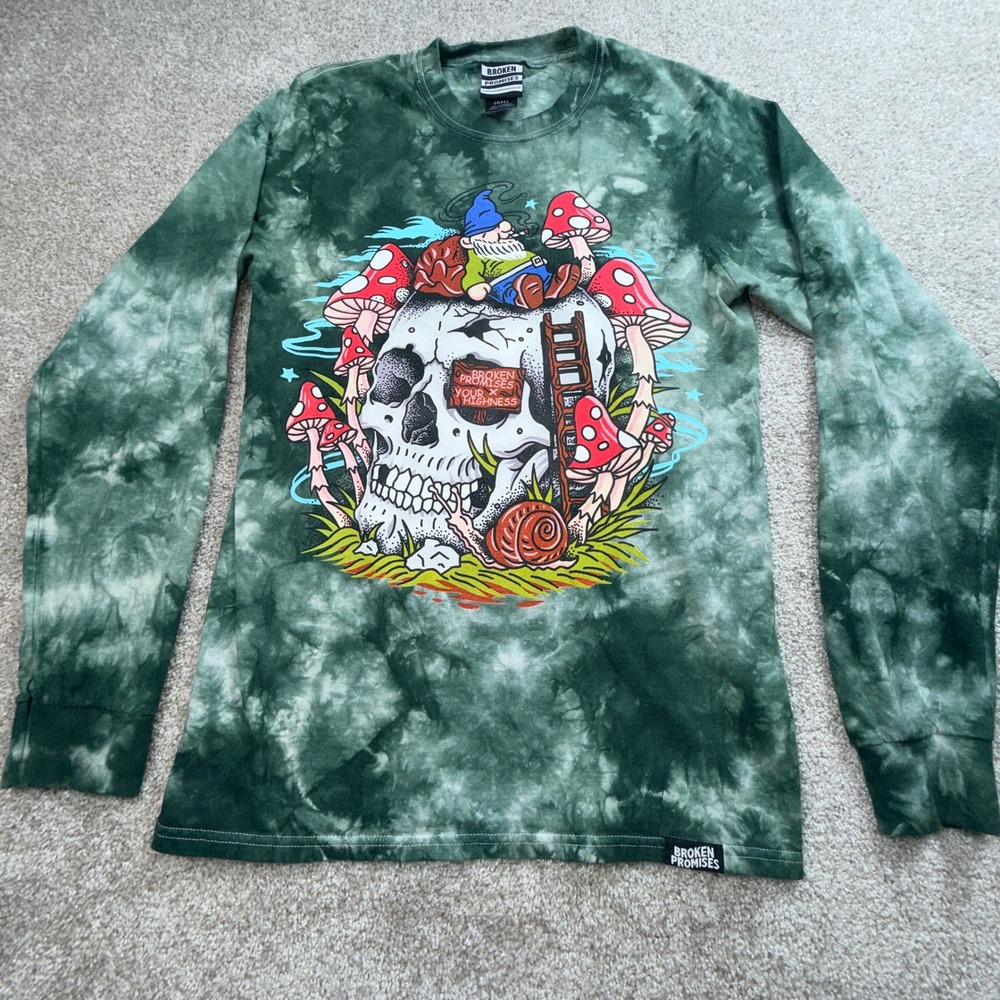 Broken Promises x Your Highness Green Tie Dye Skull Mushroom Long Sleeve Shirt S